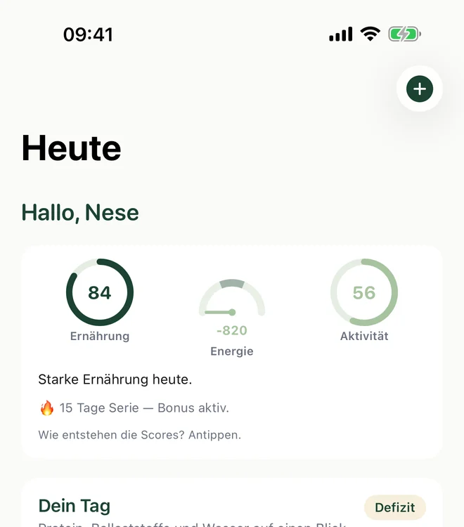 App-Ansicht „Heute“ mit Ernährungs-Score 84, Energie-Waage und Aktivität