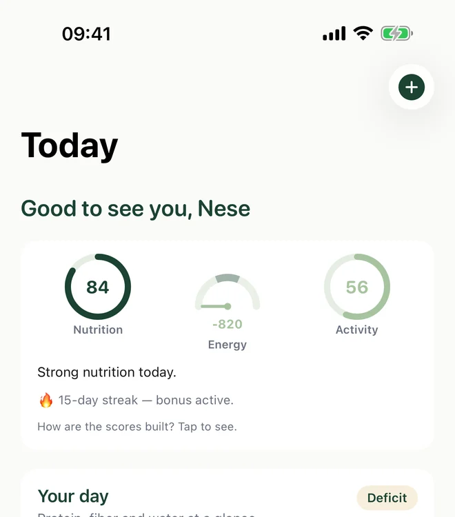 The app’s Today screen with nutrition score 84, energy balance and activity